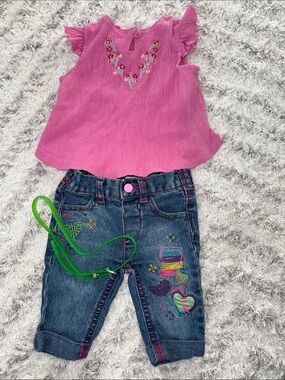 12m Healthtex Pink Embroidered Flutter Sleeve Top Embellished Denim Jeans Set
